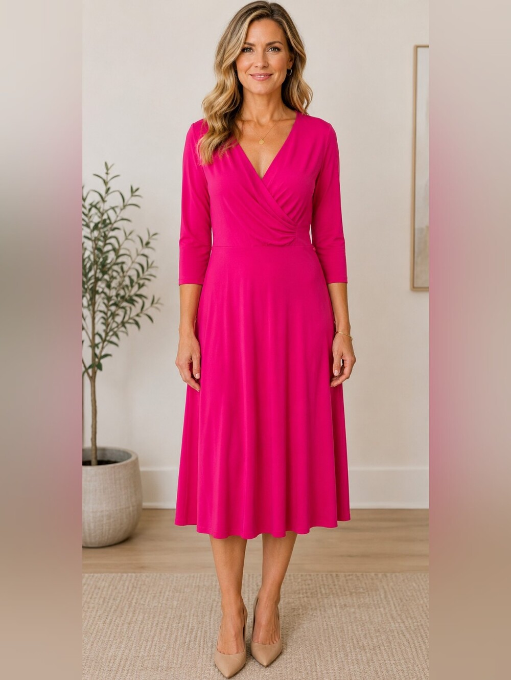 Lauren Ralph Lauren Faux Wrap Midi Dress Pink Church Career Wedding Guest Modest